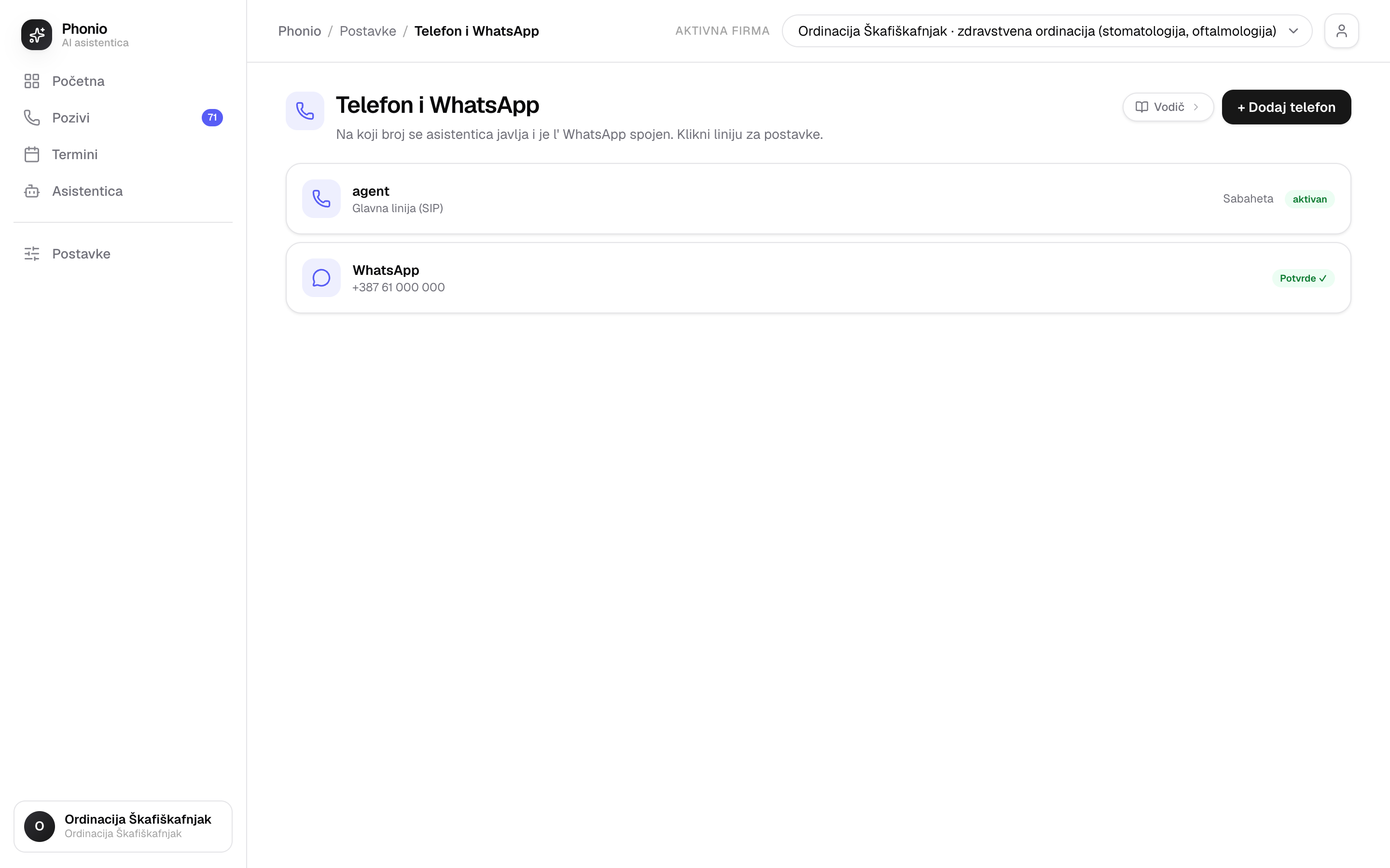 Postavke → Telefon i WhatsApp