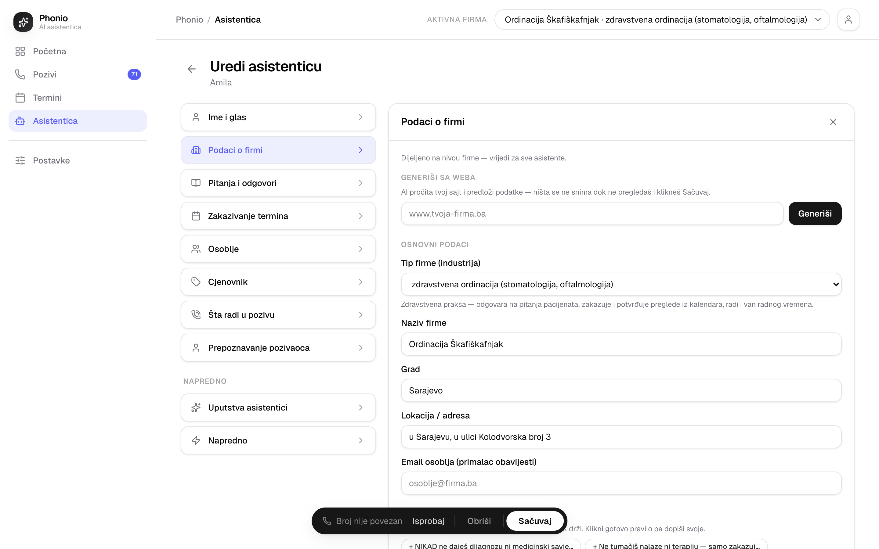 Uredi asistenticu — panel Podaci o firmi